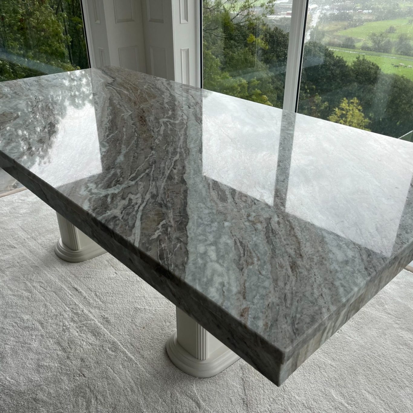 Marble table top Surface restoration in shelly huddersfield. Marble table top scratched on the surface ,rebuff and polished marble to a high gloss finish.